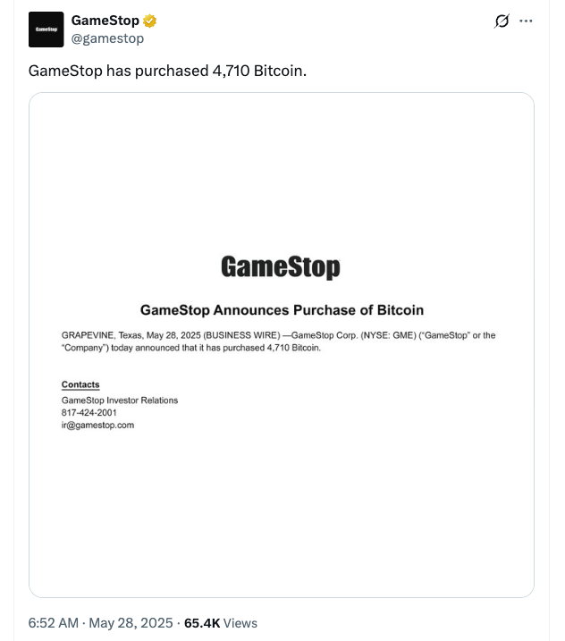 GameStop 正式确认首次购买比特币，金额为 4,710 BTC